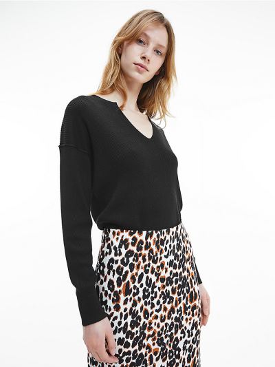 Calvin Klein Ruhák HU224316 | Calvin Klein Logo Tape V-Neck Női Pulóver Fekete